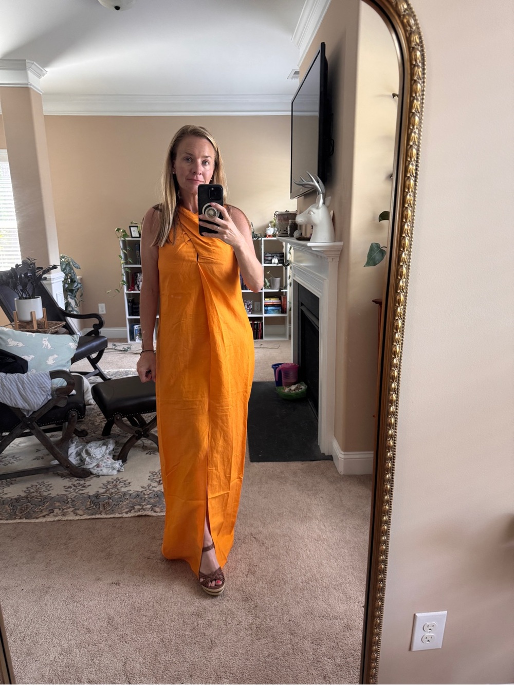 Julia Amory Small linen Sleeveless Orange Maxi Dress with Front Slit